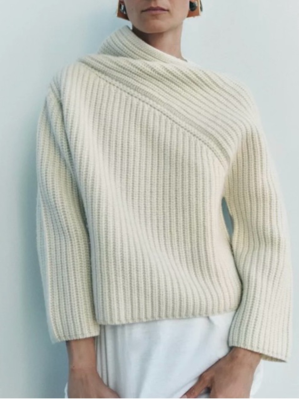 Zara Cream Wool Blend Ribbed Asymmetric Neckline Sweater